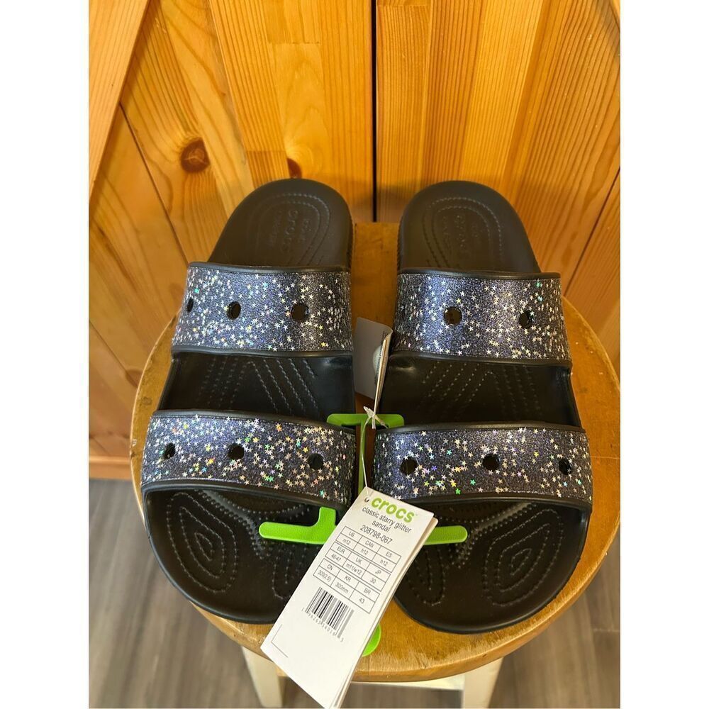 Crocs Classic Starry Glitter Sandals Double Strap Slides Black Blue Mens 12 nwt